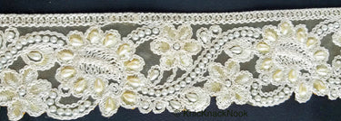 Gold Sheer Fabric Trim With Beige Floral Embroidery And Off White Pearl, Scallops Wedding Trim, Bridal Trim